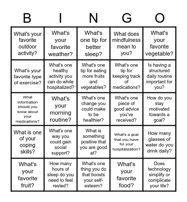 Healthy Living BINGO Card