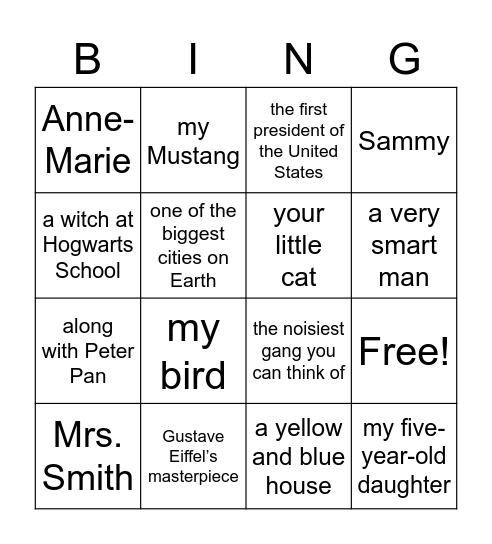 Appositive Bingo Card