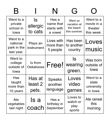 Getting to Know You Bingo Card