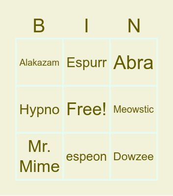 Psychic Pokemon Bingo Card