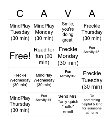 Camp CAVA Activity Game Board Bingo Card