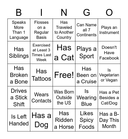 Get to Know You BINGO Card