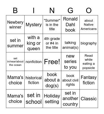 2021 Summer Reading Bingo Card