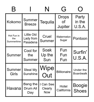 Summer Vacation Bingo Card