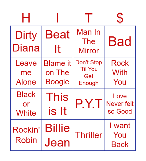 Michael Jackson Bingo Card