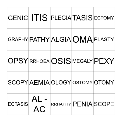 MEDICAL TERMINOLGY  Bingo Card