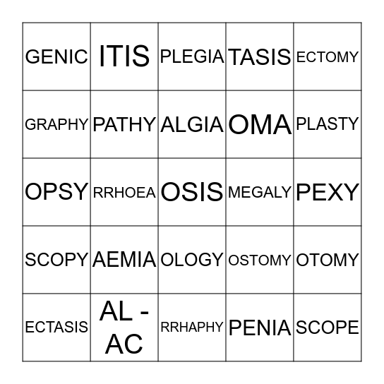 MEDICAL TERMINOLGY  Bingo Card