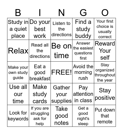 STUDY SKILLS/TEST TAKING TIPS Bingo Card
