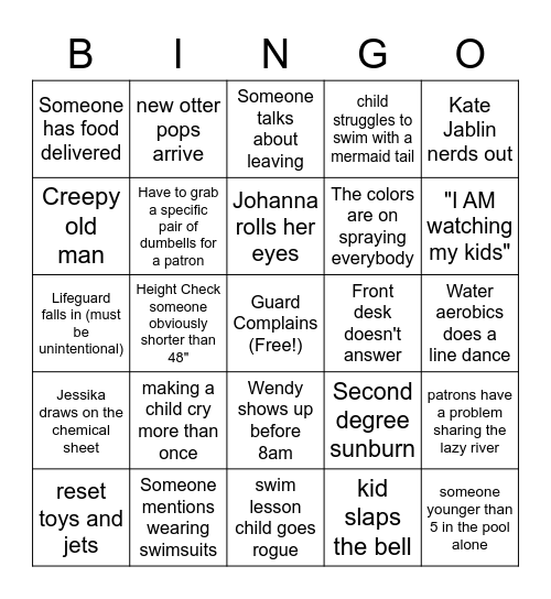 Lifeguard Bingo Card