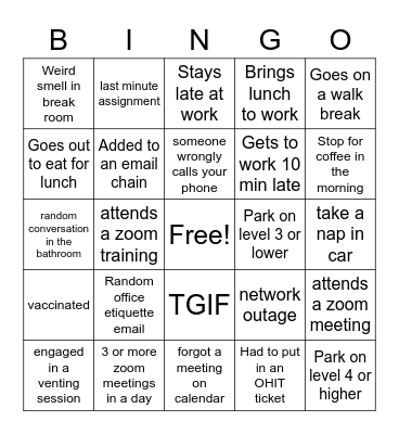 Back to Work Bingo Card