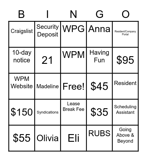 Intern Orientation Bingo Card