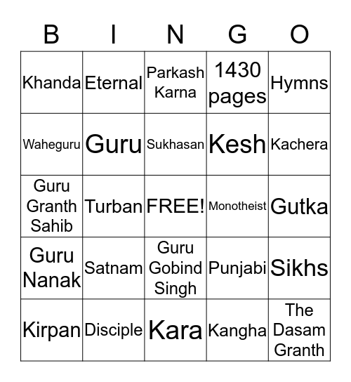 Sikhism Bingo Card