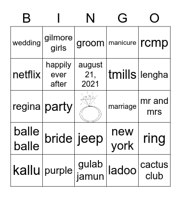 Ravine's Bridal Shower Bingo Card