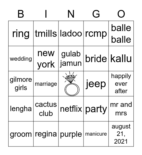Ravine's Bridal Shower Bingo Card