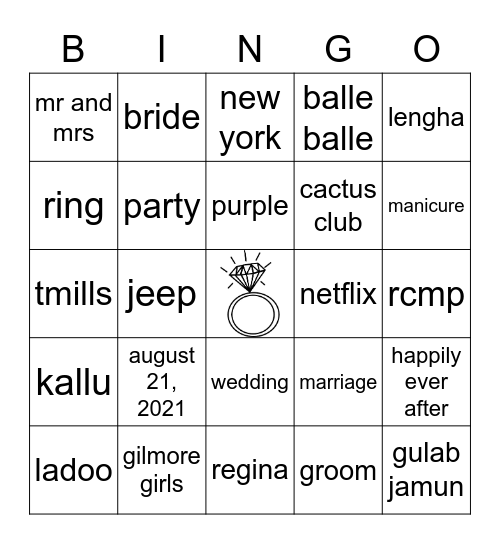 Ravine's Bridal Shower Bingo Card