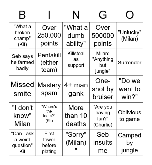 League Bingo Card