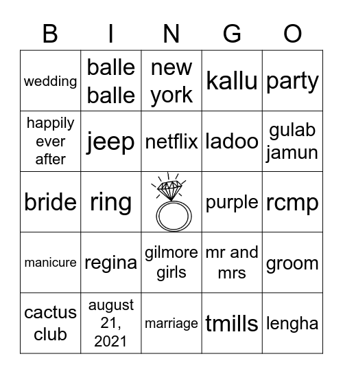 Ravine's Bridal Shower Bingo Card