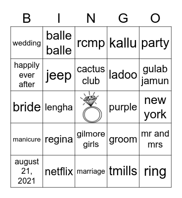 Ravine's Bridal Shower Bingo Card