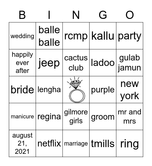 Ravine's Bridal Shower Bingo Card