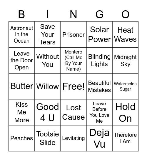 Today's Top Songs Bingo Card
