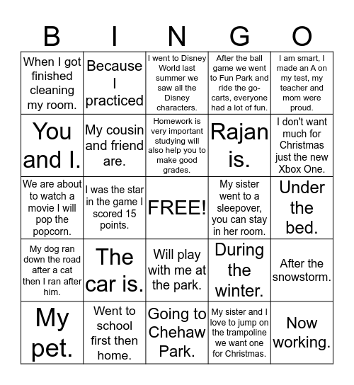 RAJAN'S Run-On & Fragment Sentences Bingo Card