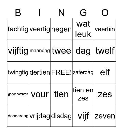 Dutch Words  Bingo Card