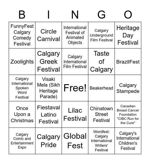 Calgary Festivals Bingo Card