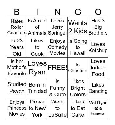 Krisana's Bridal Shower Bingo Card