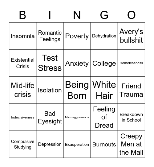 Bad Luck Bingo Card