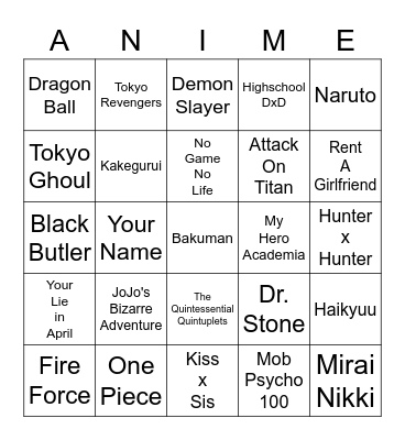 Anime Bingo Card