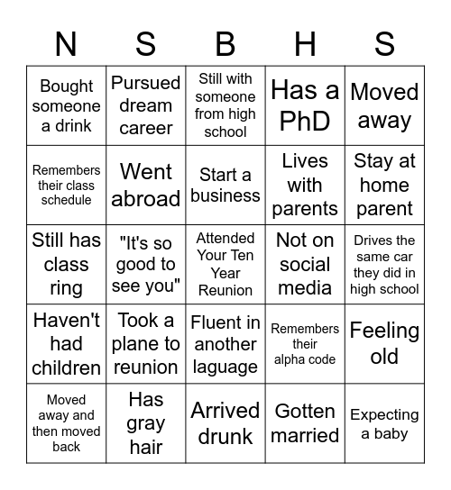 Class of 2011 Reunion Bingo Card