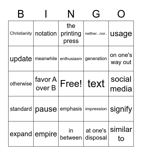 2/25-2/26 Bingo Card