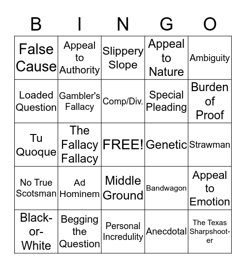 Logical Fallacies Bingo Card