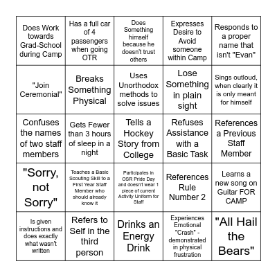 Evan Bingo Card