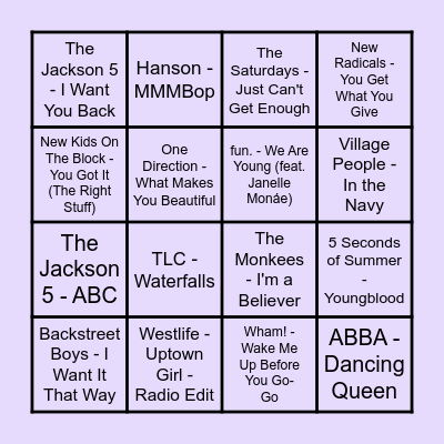 Prince Music Bingo - Girl Groups and Boy Bands Bingo Card