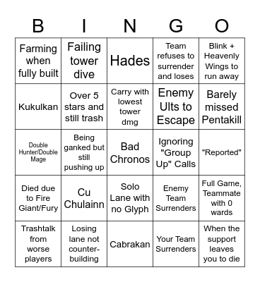 SMITE Bingo Card