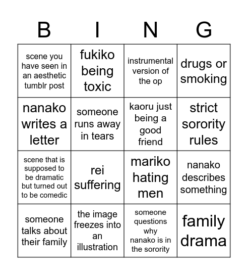 Oniisama e rewatch Bingo Card
