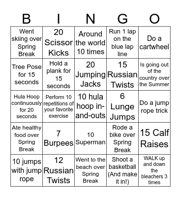 Back in Shape BINGO Card