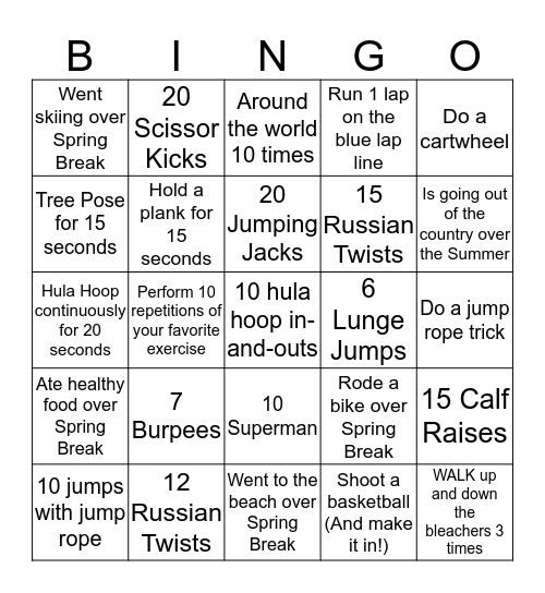 Back in Shape BINGO Card