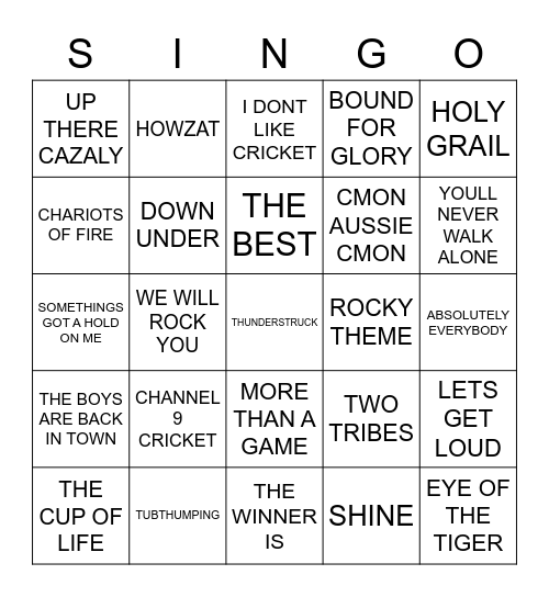 659 AUSSIE SPORTING SONGS Bingo Card