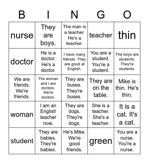 VanThink Grammar 1 Unit 3 Bingo Card