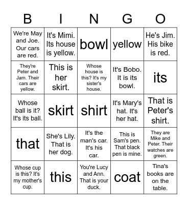 VanThink Grammar 1 Unit 4 Bingo Card