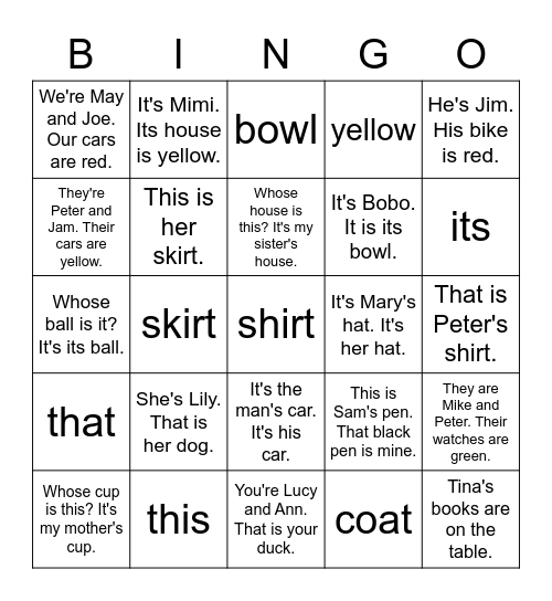 VanThink Grammar 1 Unit 4 Bingo Card