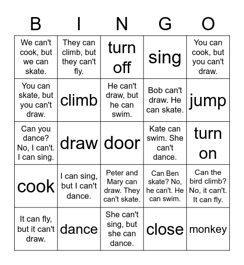VanThink Grammar 1 Unit 6 Bingo Card