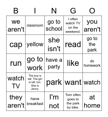 VanThink Grammar 1 Unit 7 Bingo Card