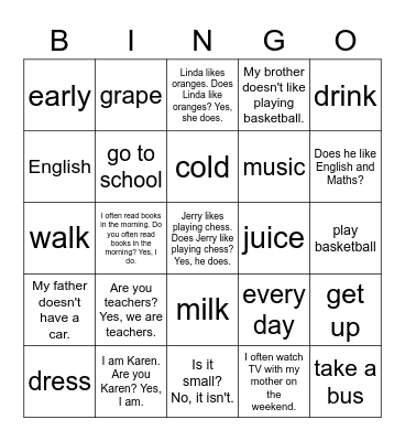 VanThink Grammar 1 Unit 8 Bingo Card