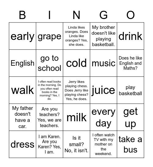 VanThink Grammar 1 Unit 8 Bingo Card