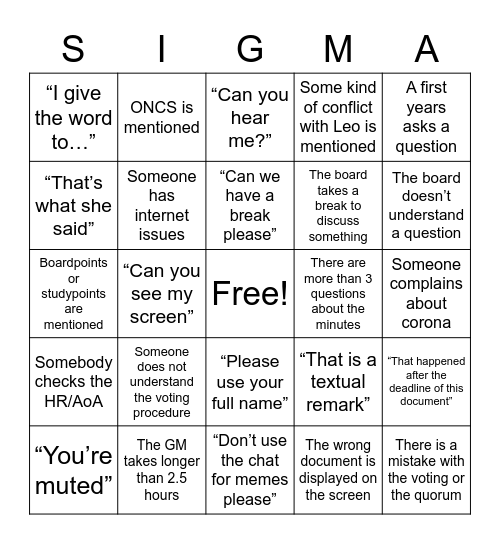 Sigma GM Bullshit Bingo Card
