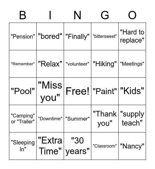Teacher Retirement Bingo Card