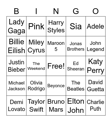 Pop Stars Bingo Card